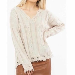Loveriche | White Creme Cable Knit Distressed Sweater Large
